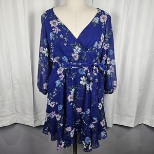 Jessica Howard Blue Floral Wrap Dress Sheer Sleeves Tie Waist 14P